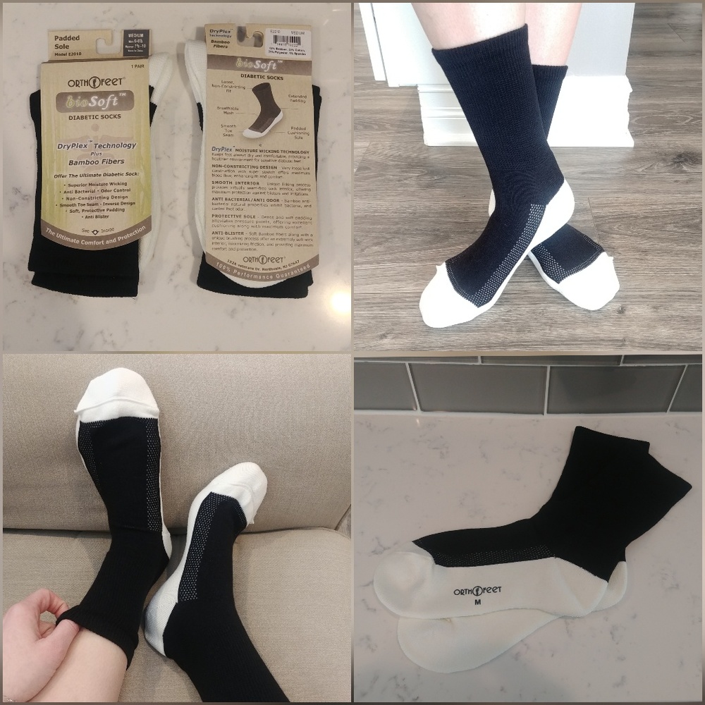 2 Orthofeet Padded Sole Bamboo Socks, Black, White